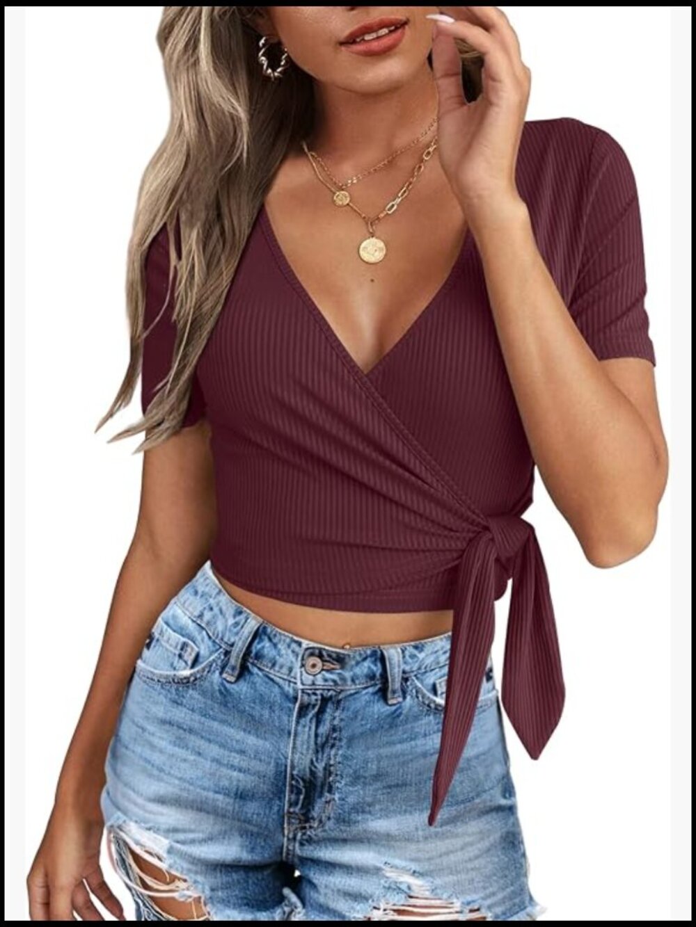 Slim Fit Crop Top with Deep V-Neck Cross Wrap Tie Front Short Sleeve